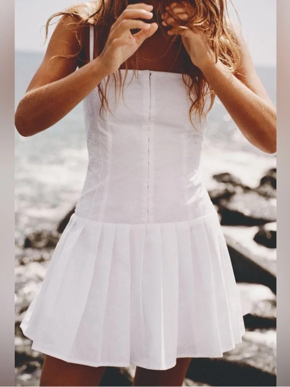 NEW Zara White Corset Embroidered Eyelet Drop Waist Pleated Mini Dress Coquette